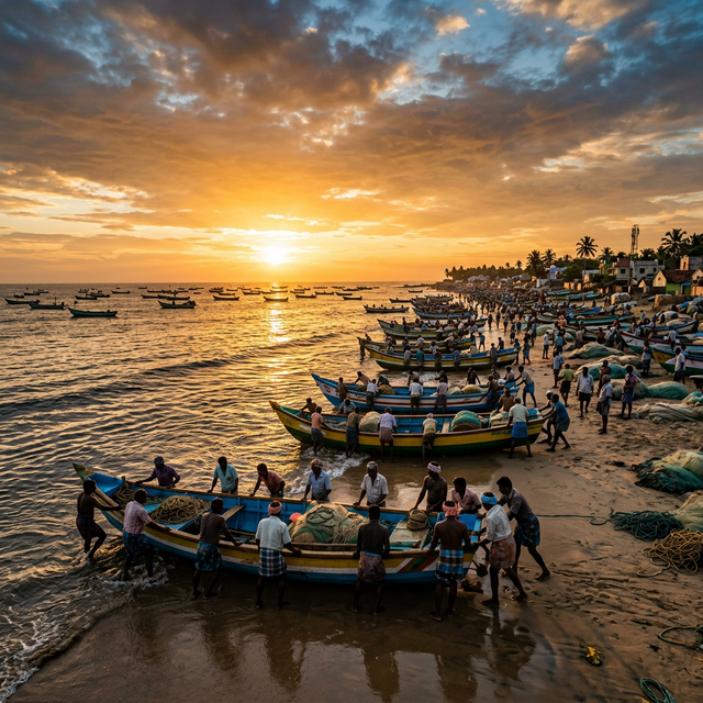 Tamil Nadu fishing harbor at sunrise