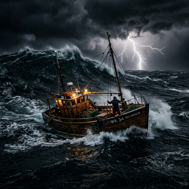 Fishing boat in rough waves